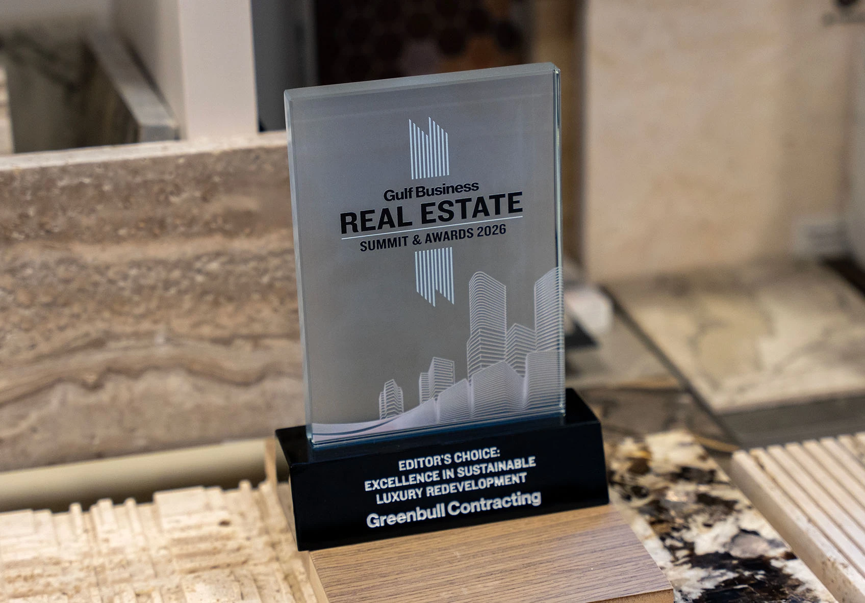 Gulf Business Awards trophy for Greenbull Contracting